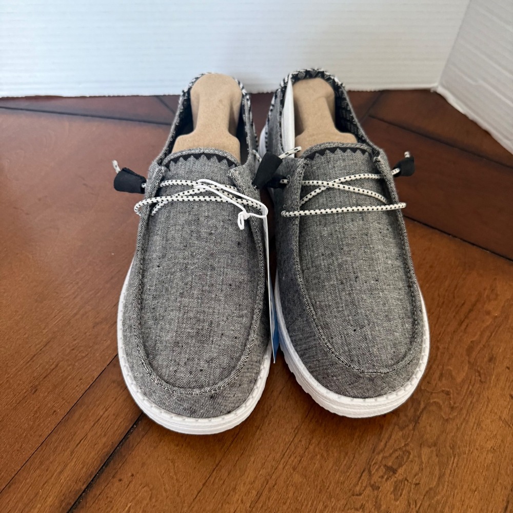 Hey Dude Wendy Womens Grey Canvas Slip On Loafer Moccasin Shoes Geometric Heel 8